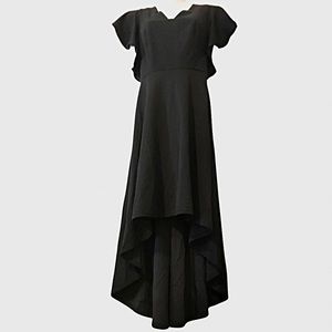 Waterfall hem party dress flutter sleeves v neckline.